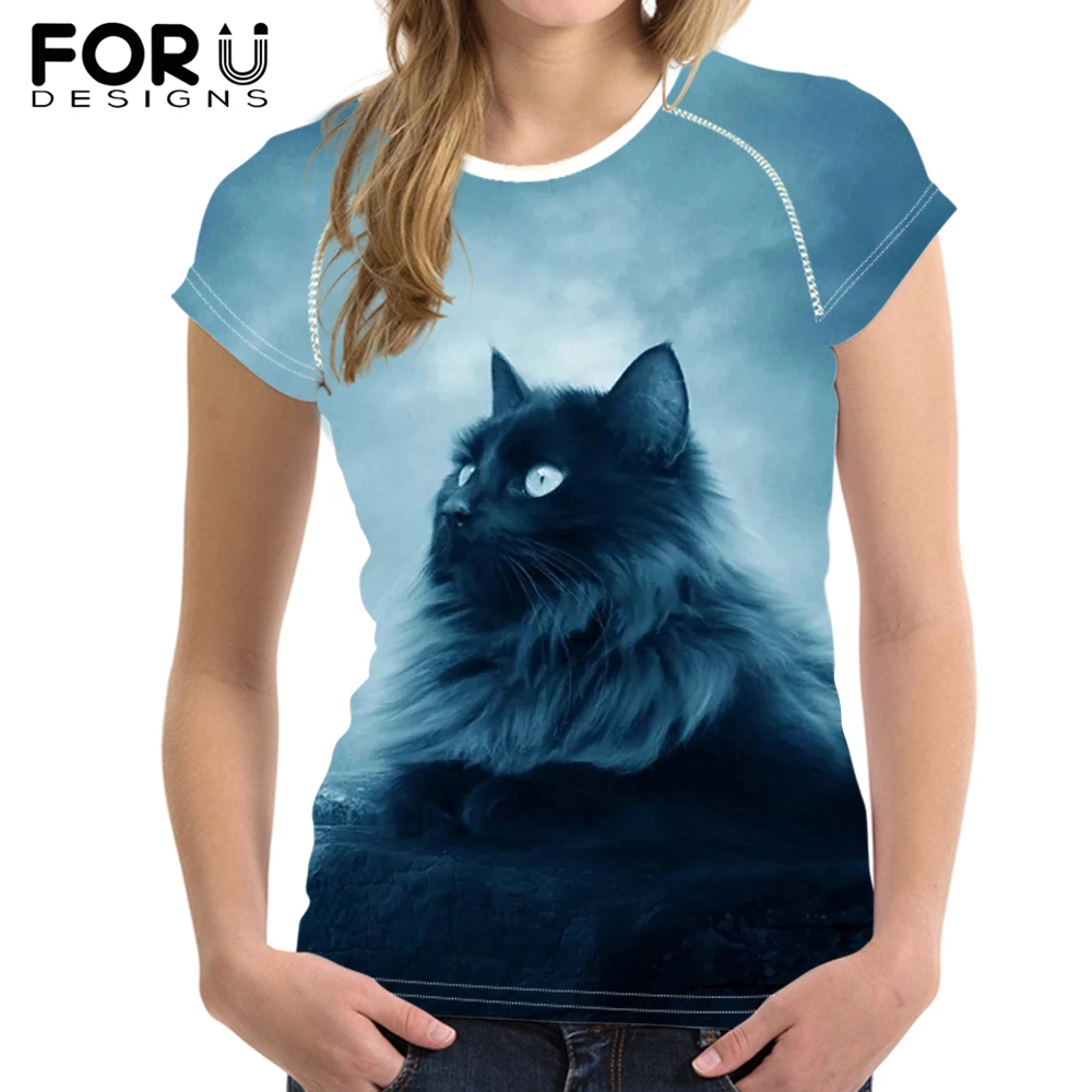 

FORUDESIGNS Moon Cat Printing Summer T Shirt Women Elastic Tops Customize Image T-shirt For Girls Female Cool Blue Tees