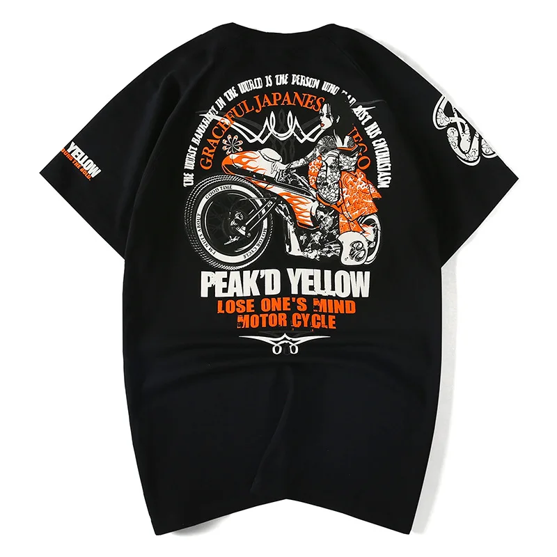 

Men/Women Fashion Vintage Harley Motorcycle Peak'd Yellow Graceful Lose One's Mind Print Tattoo Blood Message T-shirt