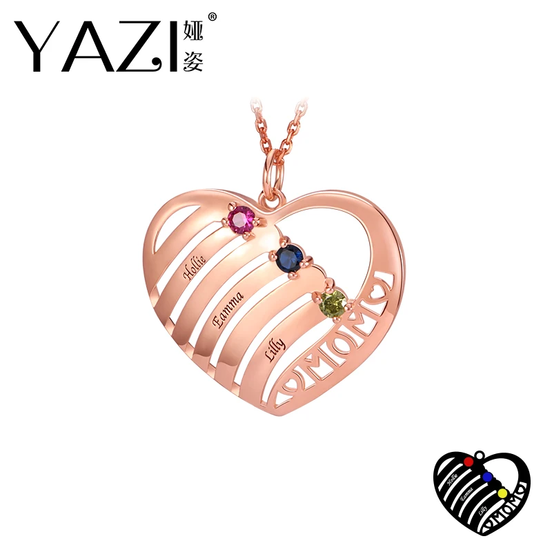 YAZI Custom сердце ожерелье выгравированное имя и камень рождения 925 пробы Серебряное