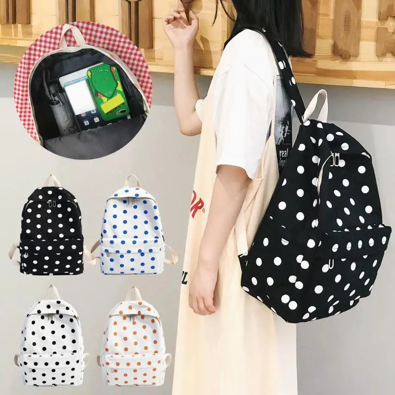 

Women Simple School Bags Travel Backpacks Cute Wave Point Canvas Knapsack