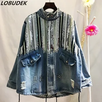 

Plus Size Women Autumn Sequined Jean Jacket Oversize Loose Sequins Denim Outerwear Korean Style Lady Jean Coat Denim Overcoat