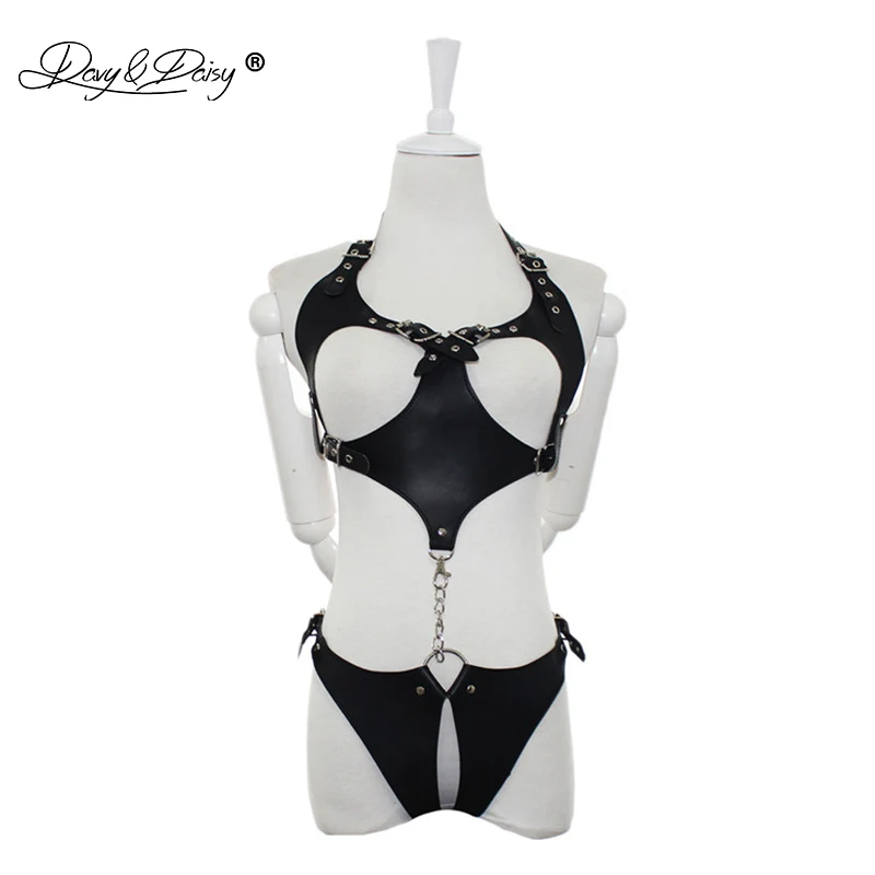 

DAVYDAISY Women Sexy Bodysuits Harness Open Bust Open Crotch PU Leather Catsuits Sexy Lingerie Teddies Sexy Costumes TE518