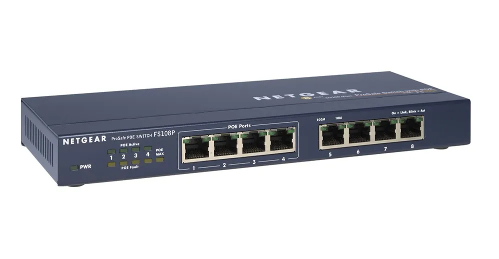 

Netgear FS108P, Unmanaged, Fast Ethernet (10/100), Power over Ethernet (PoE)