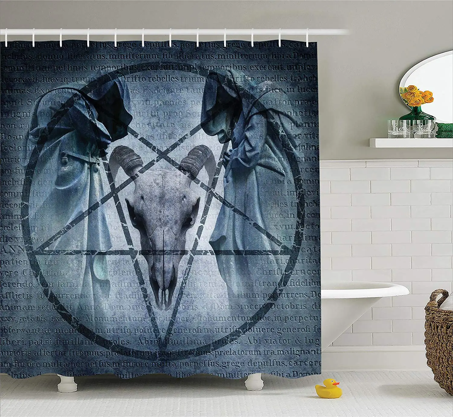 

Horror House Shower Curtain Artwork Pentagram Icon Goat Skull Devil Dream Hoody Figure Exorcist Image Fabric Bathroom Set Blue