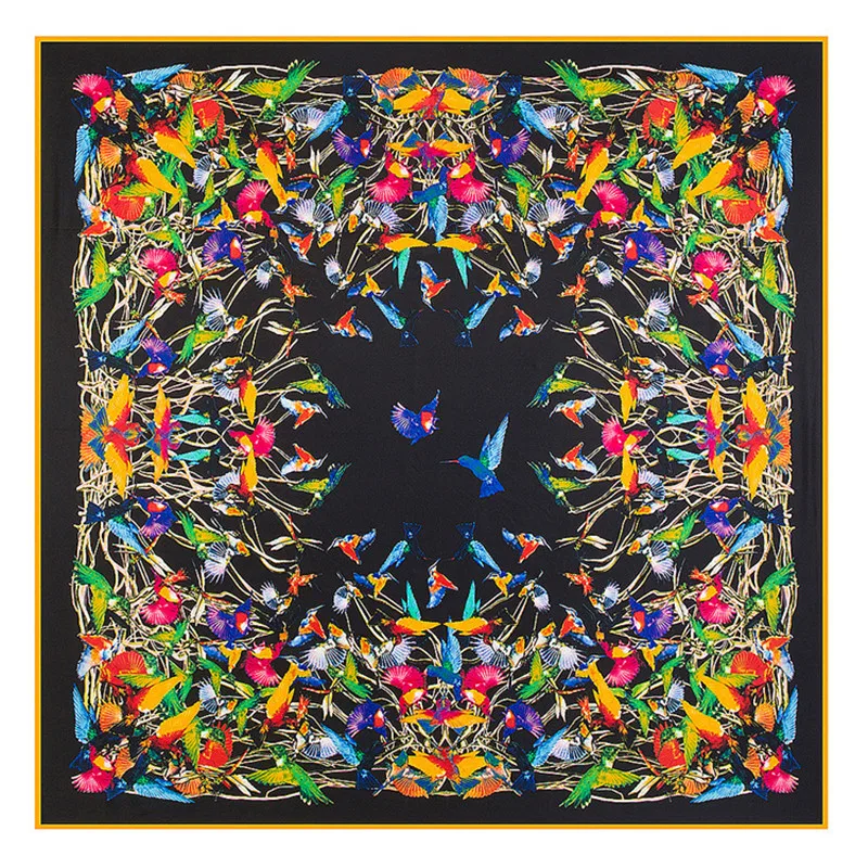 

130*130cm New Fashion 100% Twill Silk Large Square Scarf Women Birds Printed Scarves Shawls Lady's Wraps Hijab Bandana