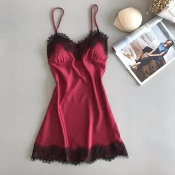

Ladies Sexy Nightdress Silk V-neck Solid Sleepwear Lingerie Babydoll Nightgown sexy Sleeveless Women Sleepshirt With Padded Bra