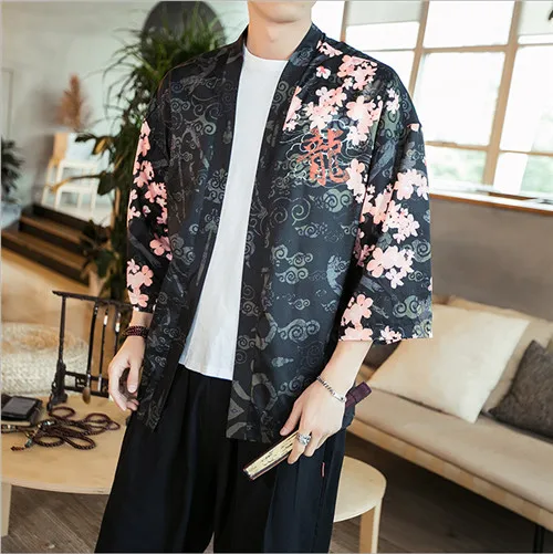 New Japanese Kimono Cardigan Men Dragon Print Long Kimono Cardigan Men