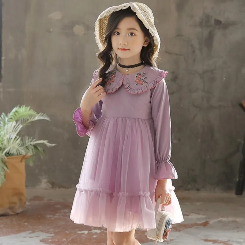 

New Clothes Teenagers Girl Dress 2019 Spring Fashion Long Sleeve Embroidery Peter Pan Collar Net Yarn Princess Dress For 3-12Yrs