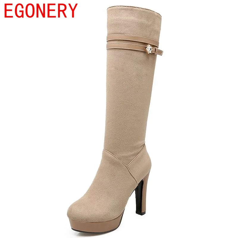 

EGONERY shoes 2018 women knee high boots riding boots side zipper rhinestone high heels solid color high quality long plush boot