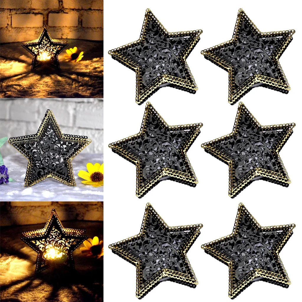 6Pcs 3D Hollow Iron Star Moroccan Mood Tea Light Candlestick Candle Holder Home Shop Bar Cafe Party Garden Lantern