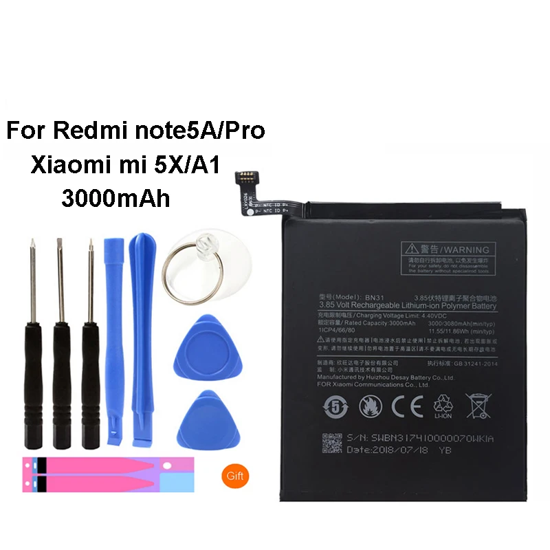 Original BN31 Mobile Phone Battery For Xiaomi Redmi Note 5A / Pro Xiaomi mi 5X/A1 3000mAh Replacement Li-ion Battery + Tool Original BN31 Mobile Phone Battery For Xiaomi Redmi Note 5A / Pro Xiaomi mi 5X/A1 3000mAh Replacement Li-ion Battery + Tool