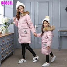 HSSCZL девушки утка вниз куртки Семья установлены мать и девочка одежда с капюшоном большой меховой воротник дети верхняя одежда куртка шинель