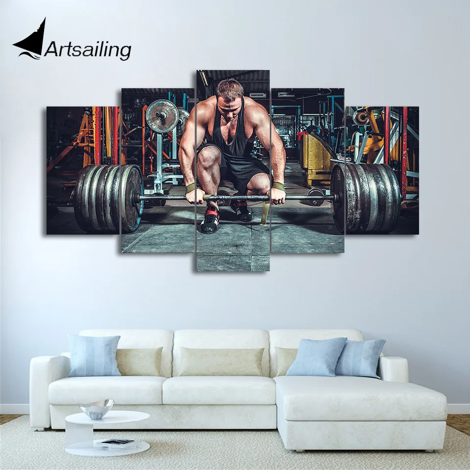 HD Printed 5 Piece Canvas Art Weightlifting Fitness Equipment Painting