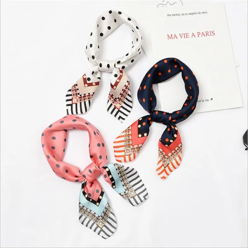 

2018 New Design Women Luxury Brand Twill Silk Scarf Dot Print Neckerchief Small Square Scarves Warps Hijab Headband Neck Tie