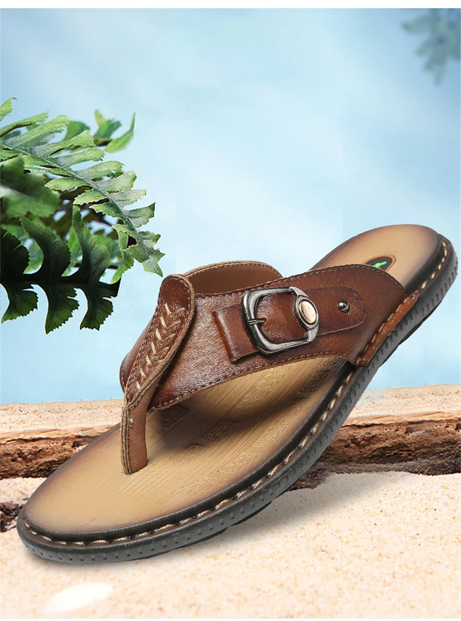TOSJC летние мужские спилок кожаные сланцы металлические шлепанцы на застежке для мужчин повседневные Швейные пляжная обувь дышащая Нескользящие сандалии
