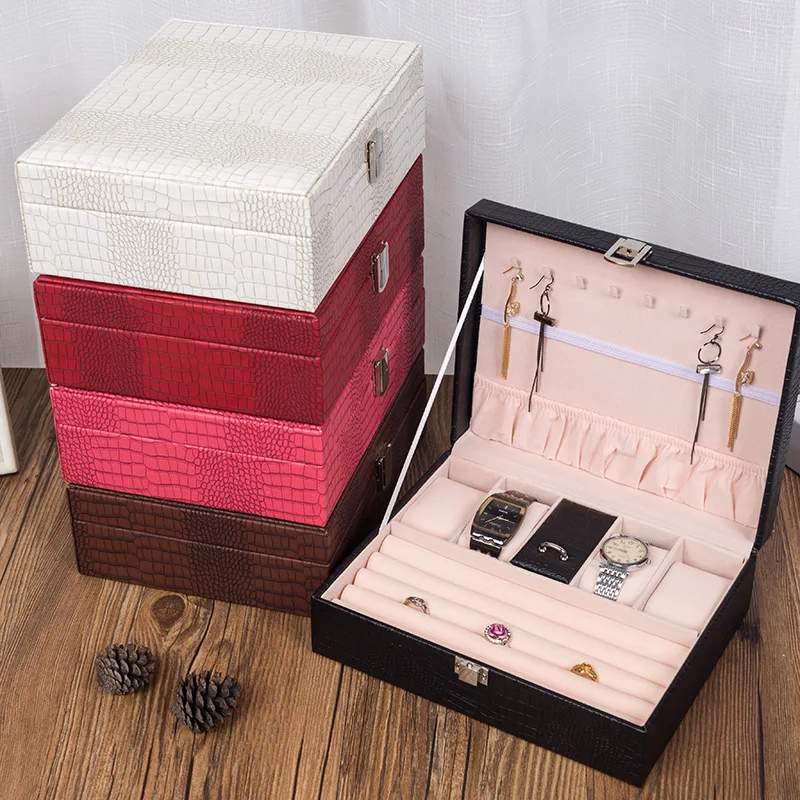 

2019 Brand Women Big Jewelry Box Luxury PU Leather Watches Rings Jewel Display Case Ladies Jewelry Casket Girls Birthday Gift