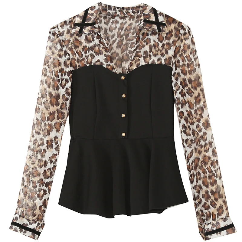  Sexy Leopard Blouse Womon Transparent Patchwork Chiffon Shirt Pullover 2019 Spring Autumn Women Lon