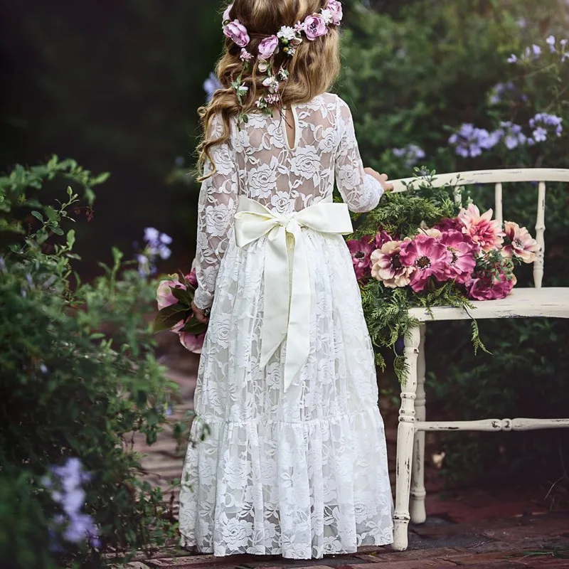 Comprar Vestido largo de encaje para niña de 2 a 12 años de edad para bebés y niñas princesa viste un gran lazo de manga larga vestido de fiesta de boda Noble azul marino ropa para niños