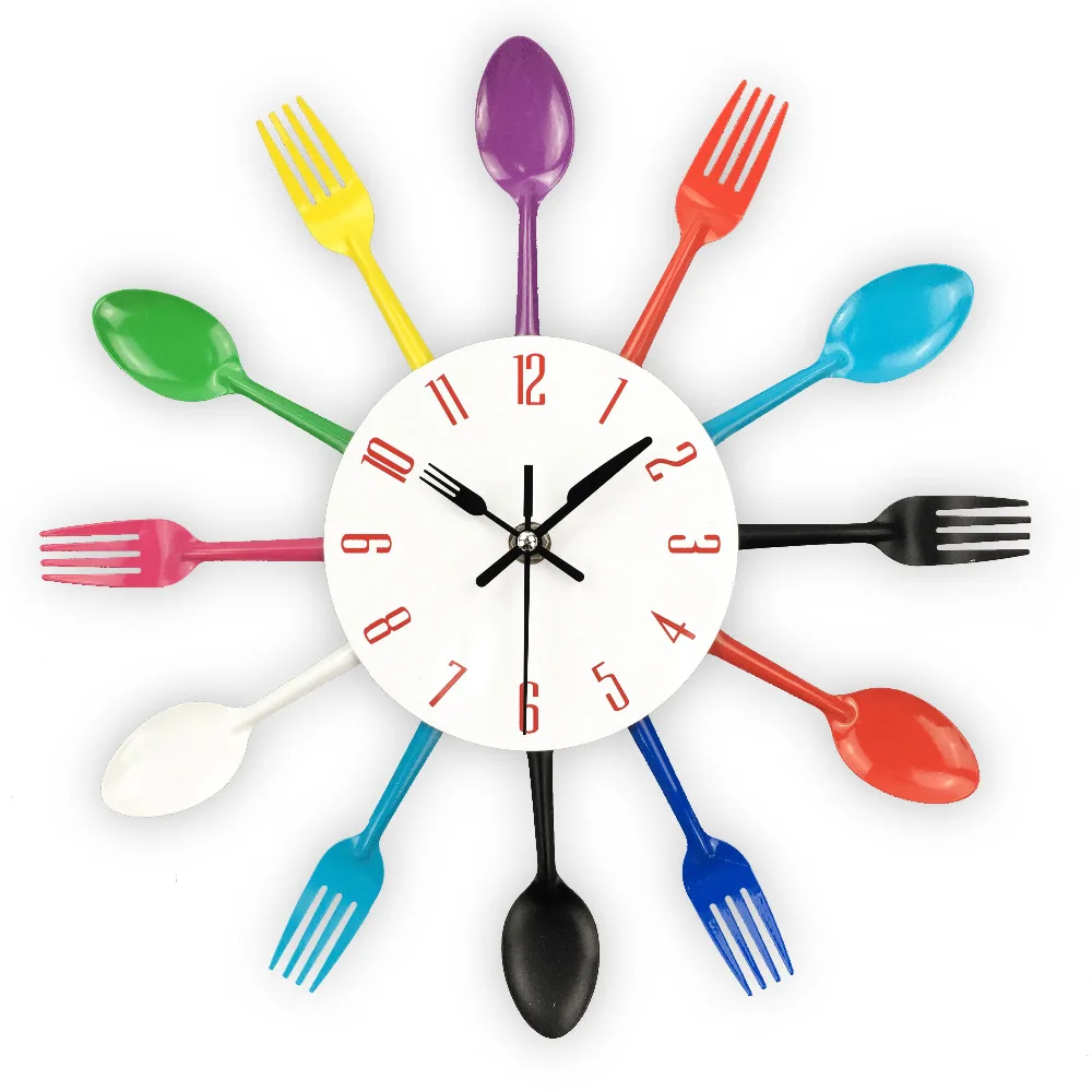 Jedilni pribor Dizajn stenske kovine Kovinski barvni nož vilice Žlica kuhinjske ure kreativen sodoben dekor doma starinski slog stenske ure