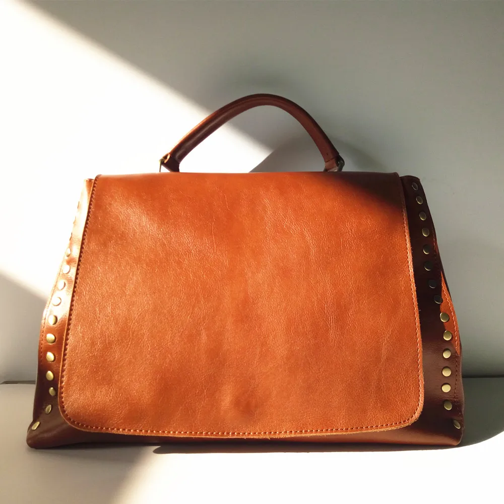 2018 novelty genuine leather rivet bag for women real cow leather one