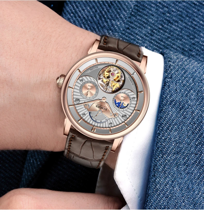 

Top High Quality Seagull Tourbillon Mechanical Watch Crocodile Leather Strap Sapphire Men Automatic Watches Rose gold case white