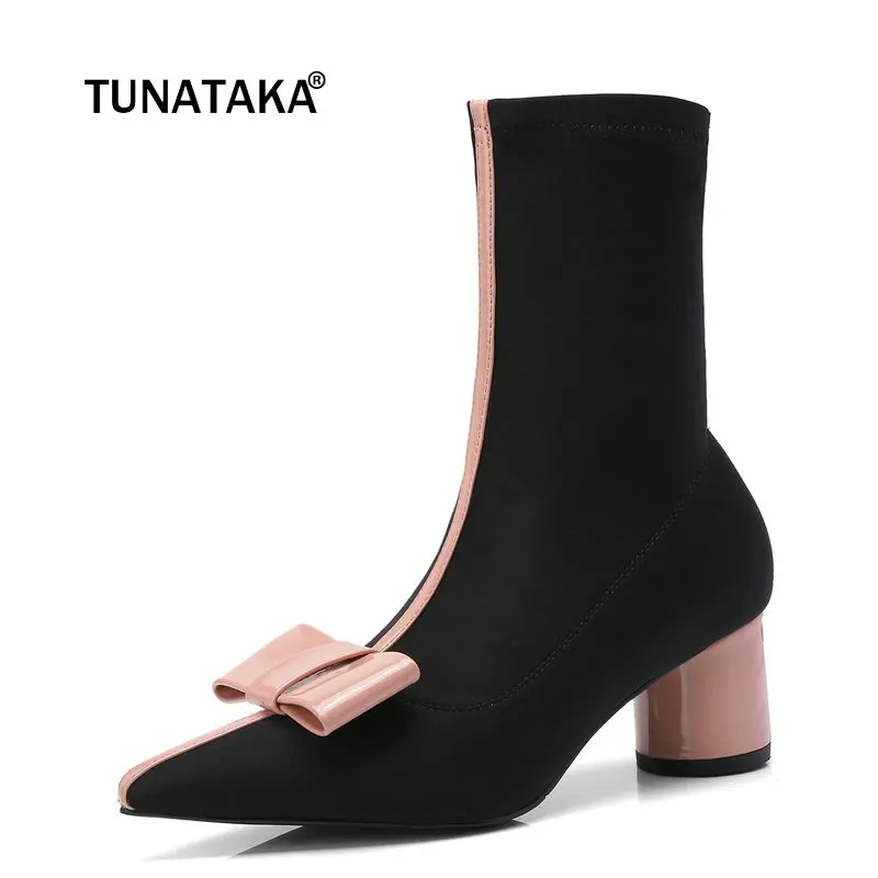 

Women Stretch Fabric Comfort Low Heel Ankle Boots Fashion Mixed Color Pointed Toe Fall Winter Bootie Black Pink