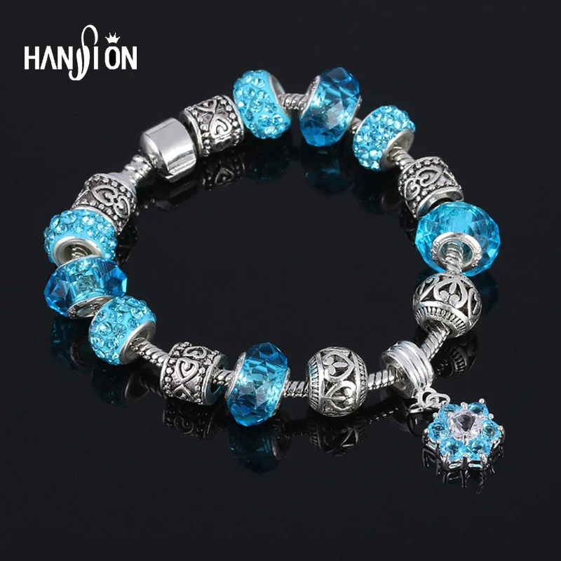 

XiongHang Antique Silver Plated Charm Bracelet & Bangle With Love And Flower Pendant Crystal Ball Women Wedding Valentine's Day