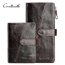 CONTACT’S Genuine Crazy Horse Cowhide Leather Men Wallets Fashion Purse With Card Holder Vintage Long Wallet Clutch Wrist Bag