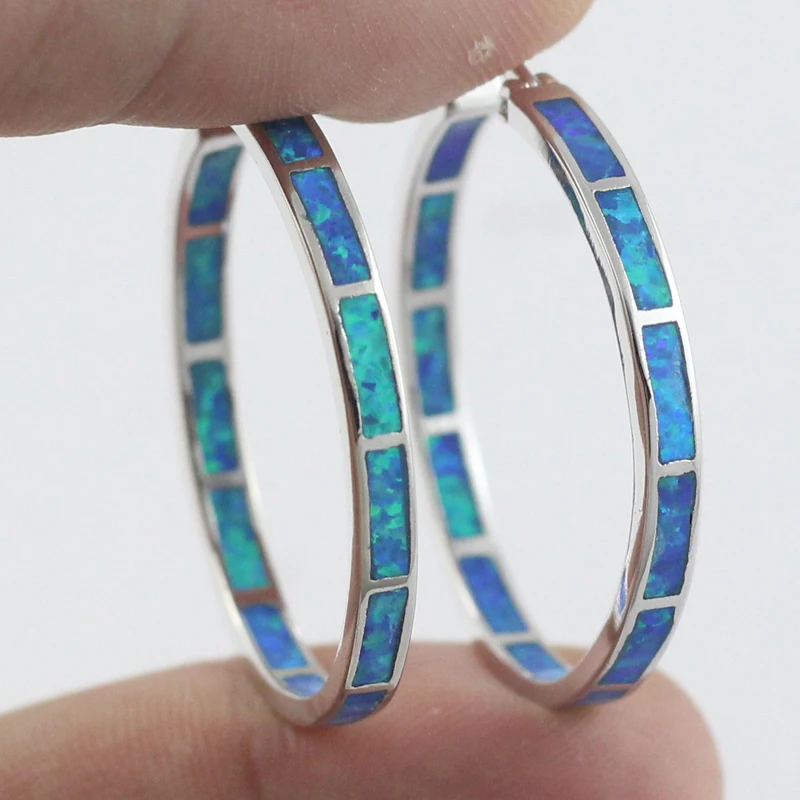 Женские серьги кольца HAIMIS большие 32 мм OE288 с синим огненным опалом|silver plated hoop