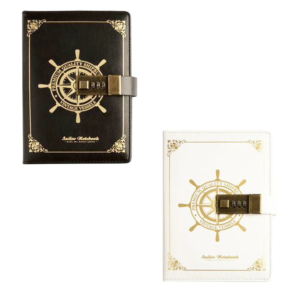 

XRHYY Black / White Leather Binder Journal Combination Lock Diary Print Bronzing Locking Digital Password Notebook For Traver