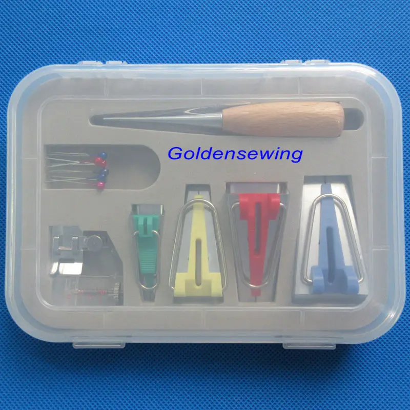 

BOX of BINDER BINDING SNAP ON FOOT BIAS TAPE MAKER AWL PIN SET for SEWING QUILT