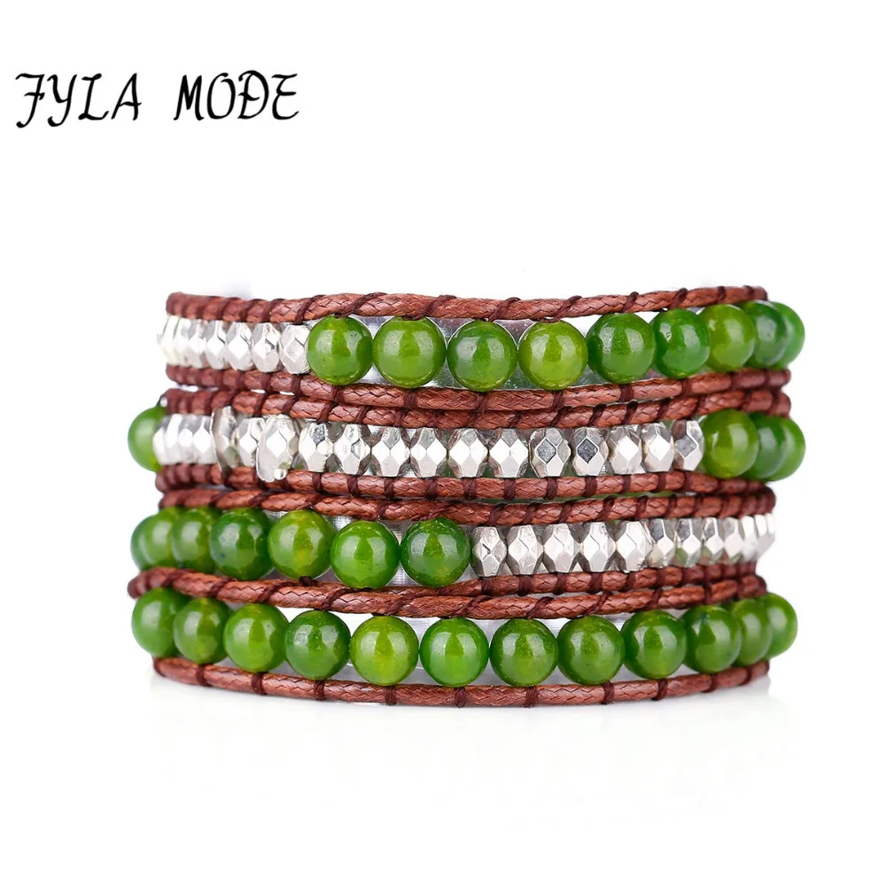 

Fyla Mode Quality Natural Stones 4 Strands Wrap Bracelet Wax Braided Bracelets Beads Bracelet New Women's Green Agate Bracelet