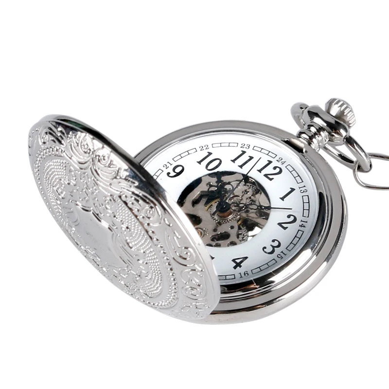 Retro Silver Skeleton Steampunk Hand wind font b Mechanical b font Pocket Watch with Chain For