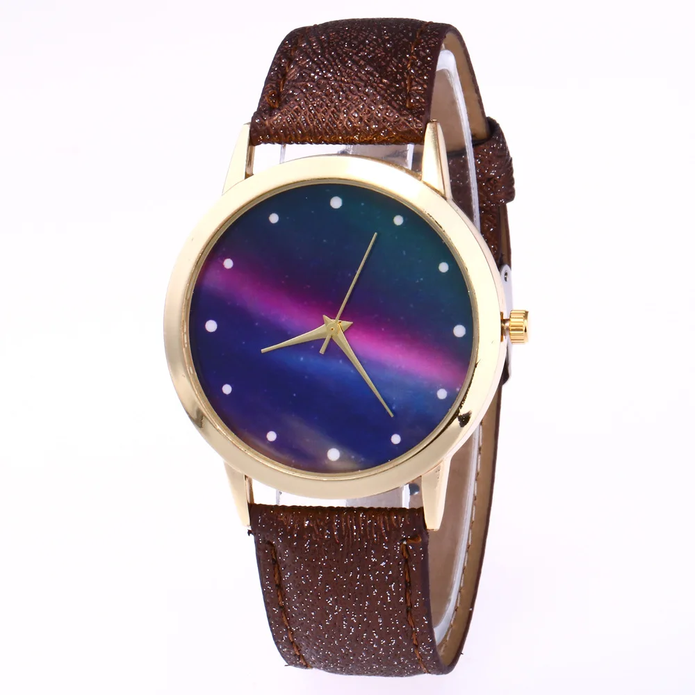 Модные Повседневное Для женщин кварцевые наручные часы кожаный Женские часы-браслеты любовника часы Reloj Mujer Полярное сияние креативный