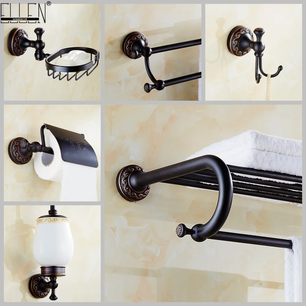 

Black Bathroom Carving Bath Towel Shelves Toilet Brush Holder Oil Rubble Bronze Soap Holder Toilet Paper Holder EL84500