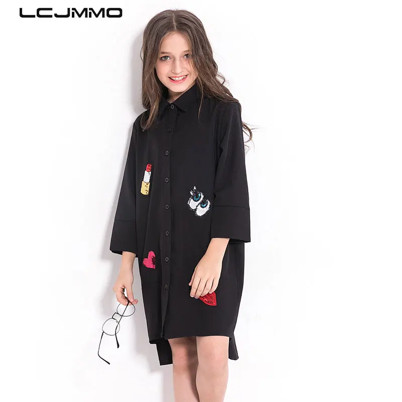 

LCJMMO European and American Style Girls Shirts Long 2018 Children Cartoon Patch Shirt Tops Tee Teenage Kids For Girls Blouse