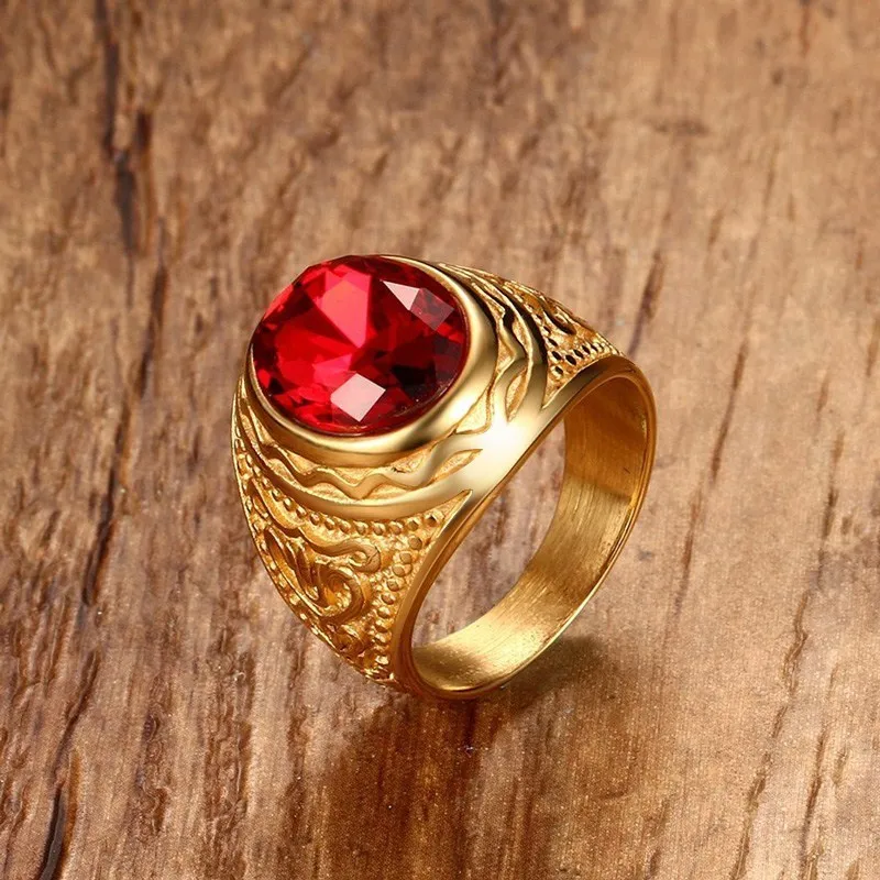 Elegant Round Bishop Mens Rings In Floral Design With Red Stone Ring for Men Stainless Steel Gold Tone Retro Jewelry Accessories