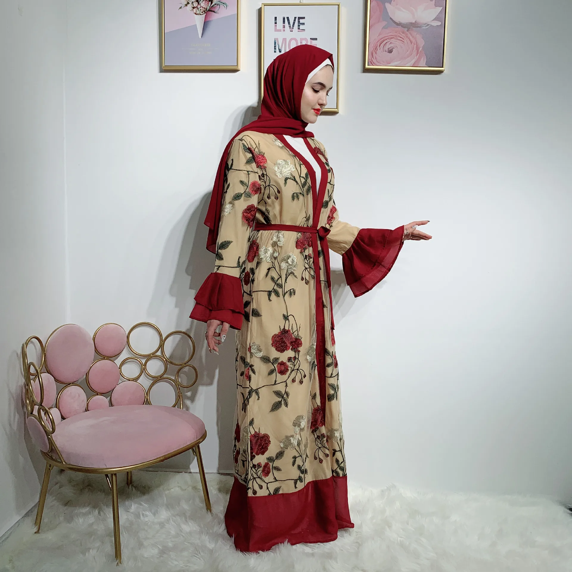 Женское мусульманское Цветочное платье с вышивкой, кружевное платье abaya, кардиган с расклешенными рукавами, Ближний Восток, Дубай, Турецкая