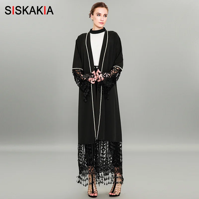 

Siskakia Muslim Cardigan Abaya Female Lace Hollow Out Beaded Patchwork Design Women Tunics Islam Muslimah Prayer Clothes UAE New