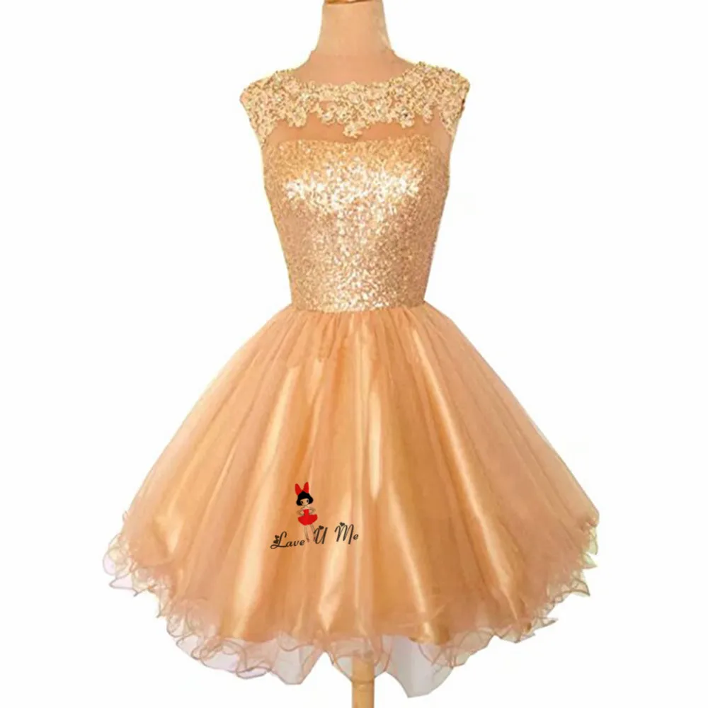 Modest New Year Champagne Gold Prom Dresses Short 2018 Sequined Lace Homecoming Party Dress Above Knee Open Back Gala Jurken | Свадьбы и