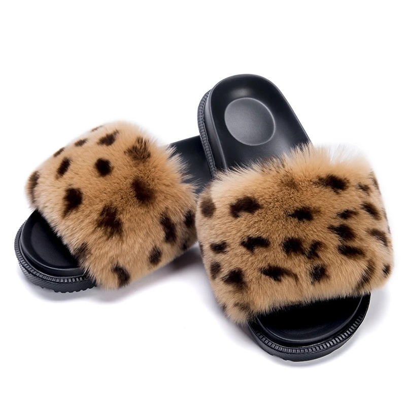 

JELLYFOND Furry Slides for Women Leopard Slipper Real Rabbit Fur Slides Furry Flat Sandals Female Cute Fluffy Summer Shoes Woman