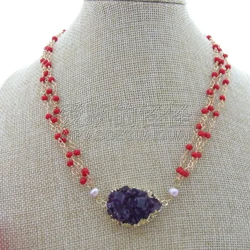 

N100611 17" 3Strands Red Faceted Crystal Necklace Pear Druzy Pendant