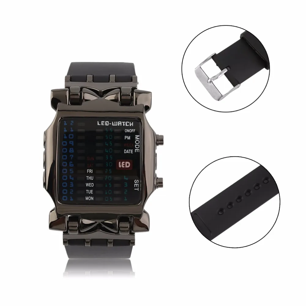 

Creative Outdoor Sport LED Digital Binary Square Dial Rubber Band Wrist Watch relogio Popular Square Dial Men Christmas GIFTS