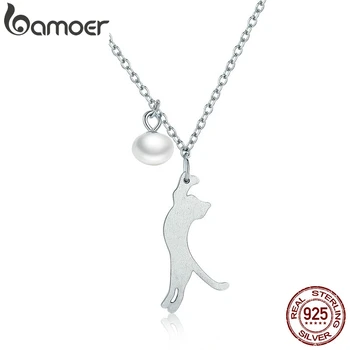 BAMOER Popular Real 100% 925 Sterling Silver Naughty Kitten Cat Women Pendant Necklaces Fashion Sterling Silver Jewelry SCN175