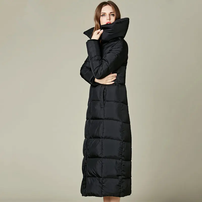 Зимняя женская куртка выше колена, длинное белое пуховое хлопковое пальто, утепленная черная парка с капюшоном, женская пуховая хлопковая куртка C3560