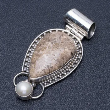 

Natural Fossil Coral and River Pearl Punk Style 925 Sterling Silver Pendant 2" Q0671