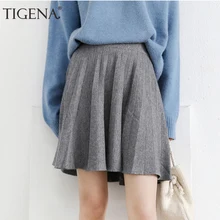 TIGENA, теплая трикотажная плиссированная юбка, Женская мода, Осень-зима, высокая талия, Мини Короткая юбка, женская повседневная школьная юбка серого цвета