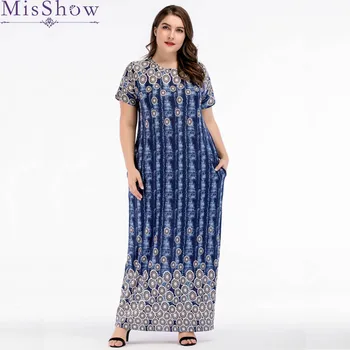 

2019 New Vintage Women Maxi Floral Dress Plus Size 3XL 4XL Short Sleeves Pockets O Neck Cotton Blue Loose Robe Dresses Vestidos