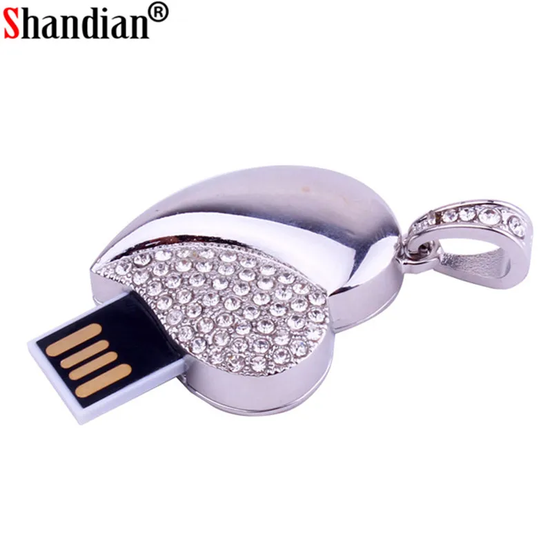 SHANDIAN, полная емкость, Алмазное сердце, USB флеш-накопитель, карта памяти, флешка, 4 ГБ/16 ГБ/32 ГБ/64 ГБ, ожерелье с сердечком