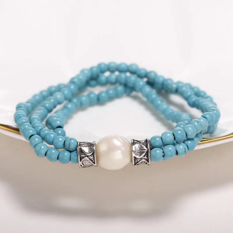4 mm Turquoise with Baroque Pearls Bracelet, Vintage Style Elasticity Three Strand Bracelet